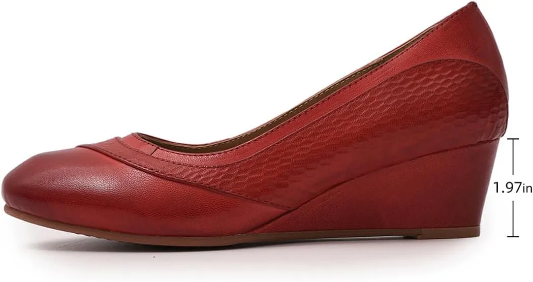 Mona flying Women's Leather Closed Toe 2 Inch Mid Wedges Heels with Arch Support Round Toe Comfortable Dress Pumps for Women Ladies