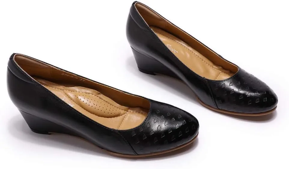 Mona flying Women's Leather Closed Toe 2 Inch Mid Wedges Heels with Arch Support Round Toe Comfortable Dress Pumps for Women Ladies