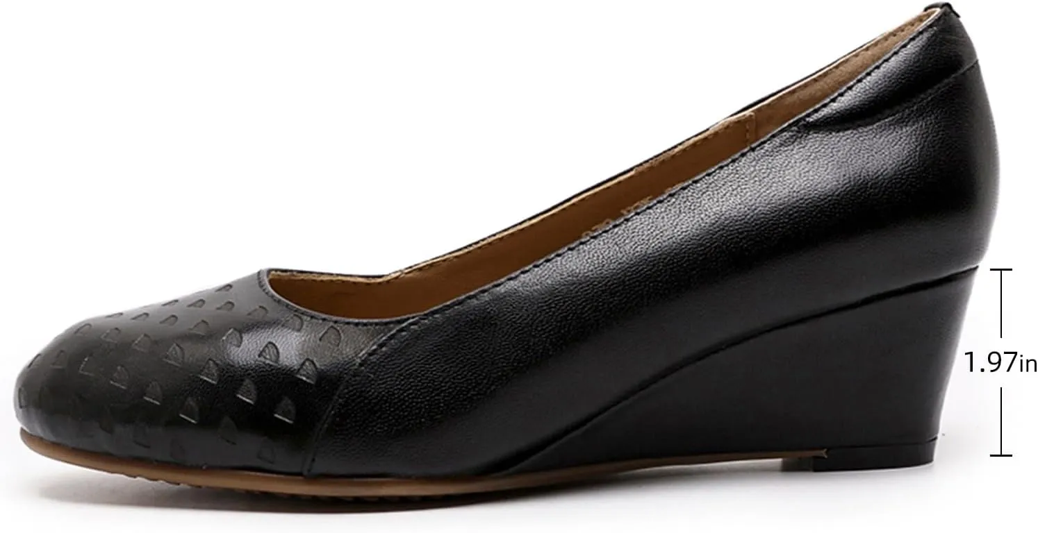 Mona flying Women's Leather Closed Toe 2 Inch Mid Wedges Heels with Arch Support Round Toe Comfortable Dress Pumps for Women Ladies