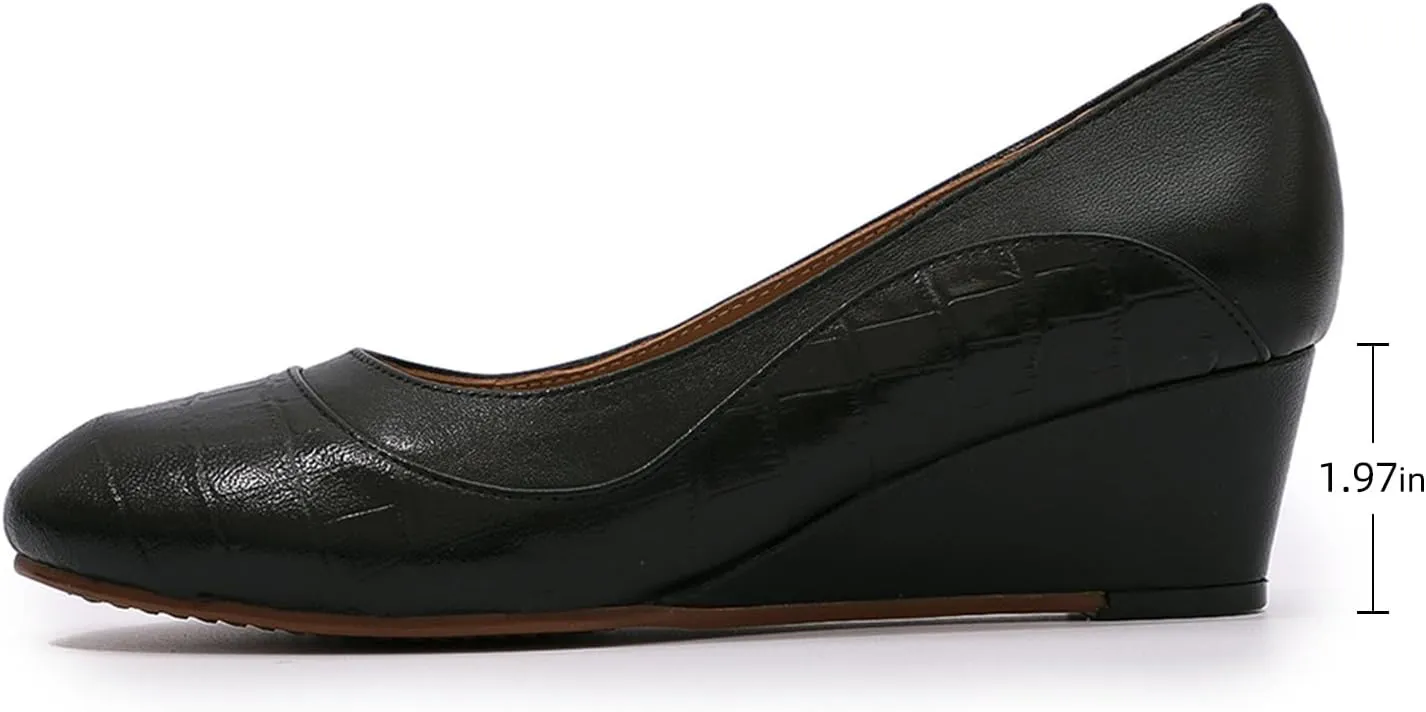 Mona flying Women's Leather Closed Toe 2 Inch Mid Wedges Heels with Arch Support Round Toe Comfortable Dress Pumps for Women Ladies
