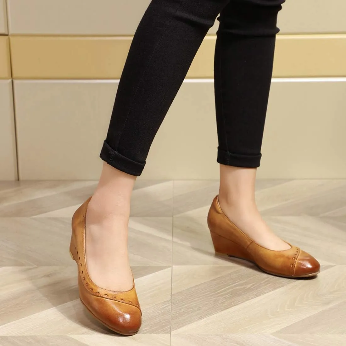 Mona flying Women's Leather Closed Toe 2 Inch Mid Wedges Heels with Arch Support Round Toe Comfortable Dress Pumps for Women Ladies