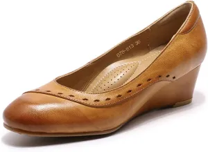 Mona flying Women's Leather Closed Toe 2 Inch Mid Wedges Heels with Arch Support Round Toe Comfortable Dress Pumps for Women Ladies