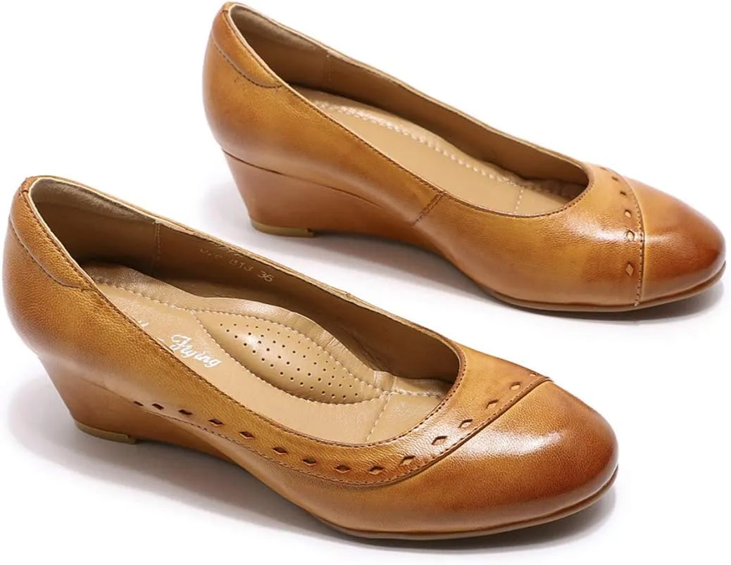 Mona flying Women's Leather Closed Toe 2 Inch Mid Wedges Heels with Arch Support Round Toe Comfortable Dress Pumps for Women Ladies