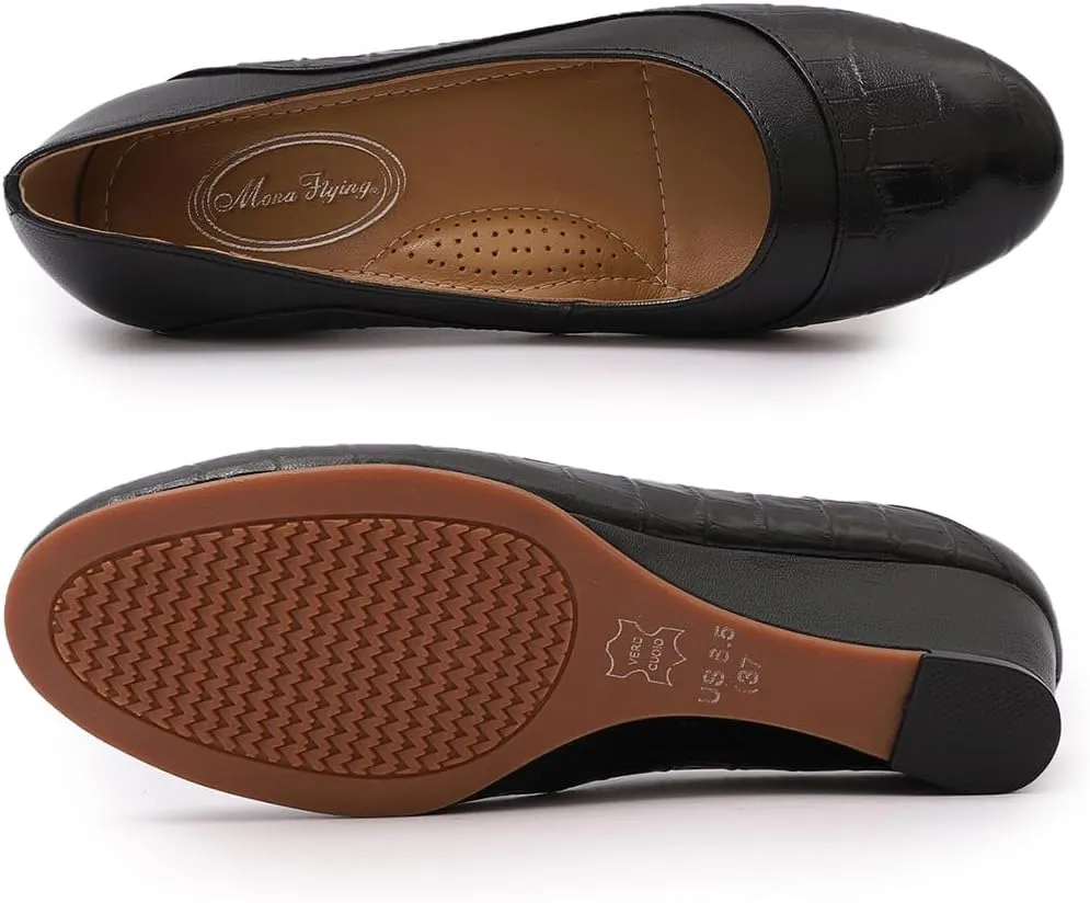 Mona flying Women's Leather Closed Toe 2 Inch Mid Wedges Heels with Arch Support Round Toe Comfortable Dress Pumps for Women Ladies