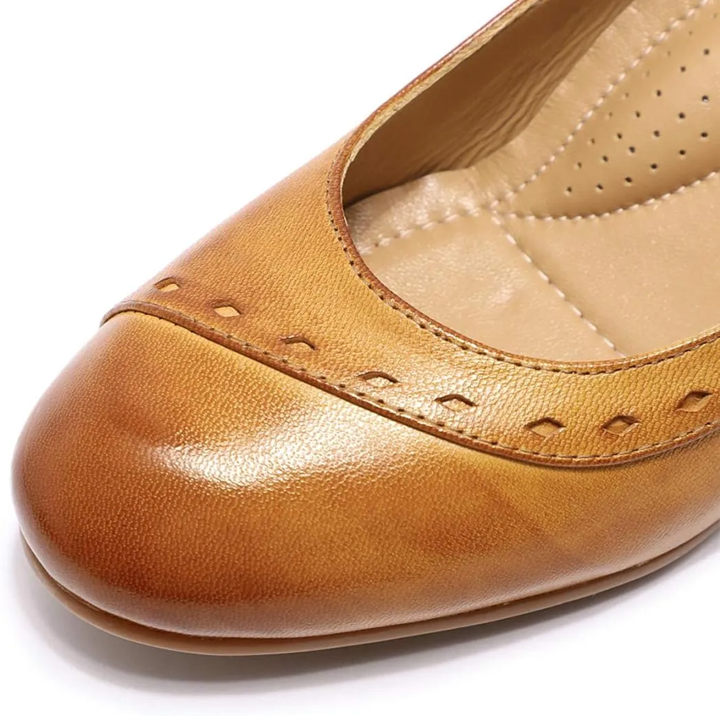 Mona flying Women's Leather Closed Toe 2 Inch Mid Wedges Heels with Arch Support Round Toe Comfortable Dress Pumps for Women Ladies