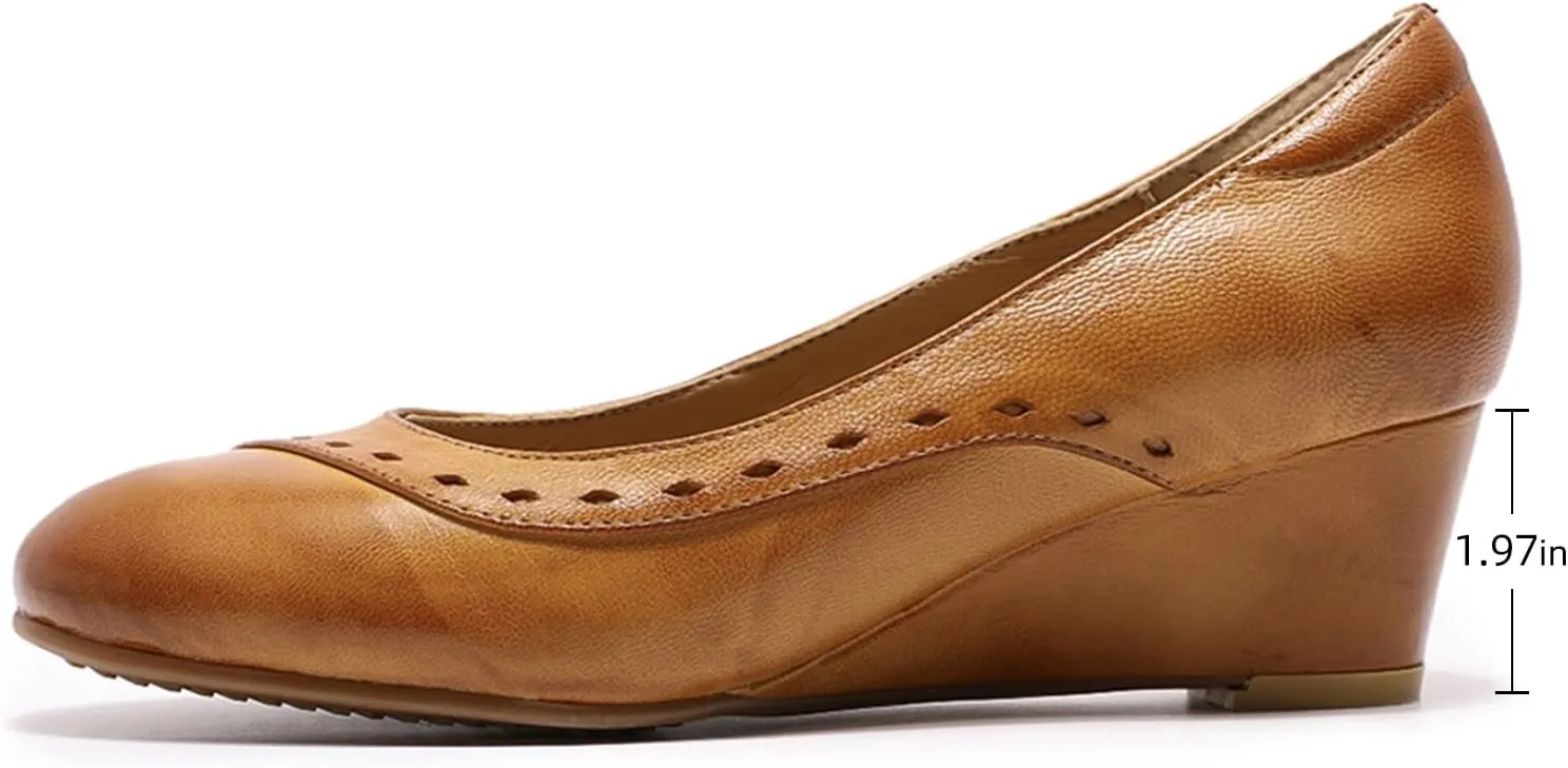 Mona flying Women's Leather Closed Toe 2 Inch Mid Wedges Heels with Arch Support Round Toe Comfortable Dress Pumps for Women Ladies