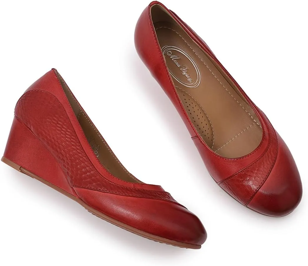 Mona flying Women's Leather Closed Toe 2 Inch Mid Wedges Heels with Arch Support Round Toe Comfortable Dress Pumps for Women Ladies