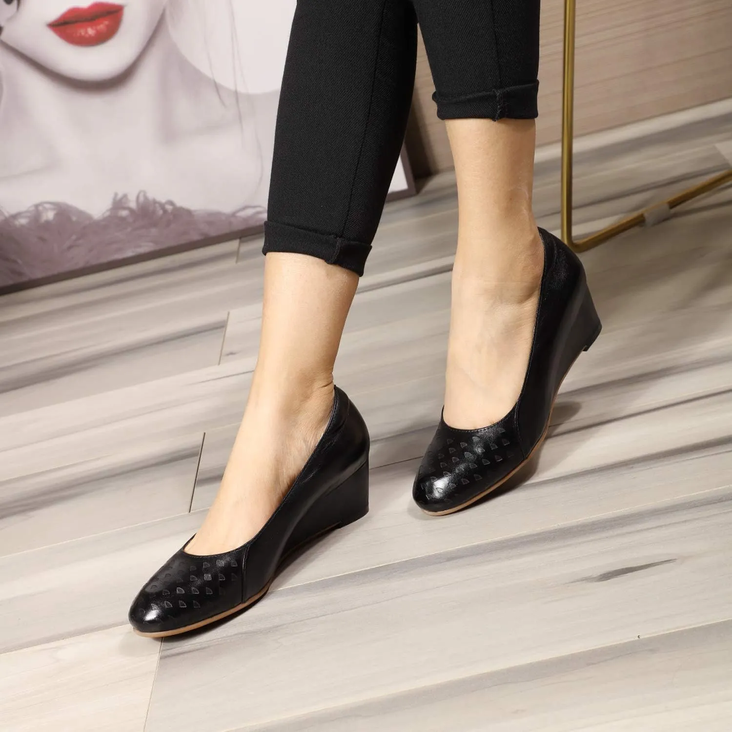 Mona flying Women's Leather Closed Toe 2 Inch Mid Wedges Heels with Arch Support Round Toe Comfortable Dress Pumps for Women Ladies