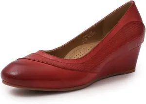 Mona flying Women's Leather Closed Toe 2 Inch Mid Wedges Heels with Arch Support Round Toe Comfortable Dress Pumps for Women Ladies