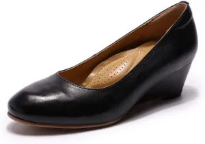 Mona flying Women's Leather Closed Toe 2 Inch Mid Wedges Heels with Arch Support Round Toe Comfortable Dress Pumps for Women Ladies