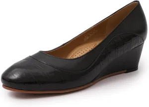Mona flying Women's Leather Closed Toe 2 Inch Mid Wedges Heels with Arch Support Round Toe Comfortable Dress Pumps for Women Ladies