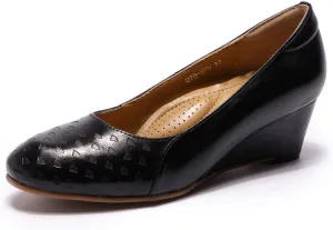 Mona flying Women's Leather Closed Toe 2 Inch Mid Wedges Heels with Arch Support Round Toe Comfortable Dress Pumps for Women Ladies