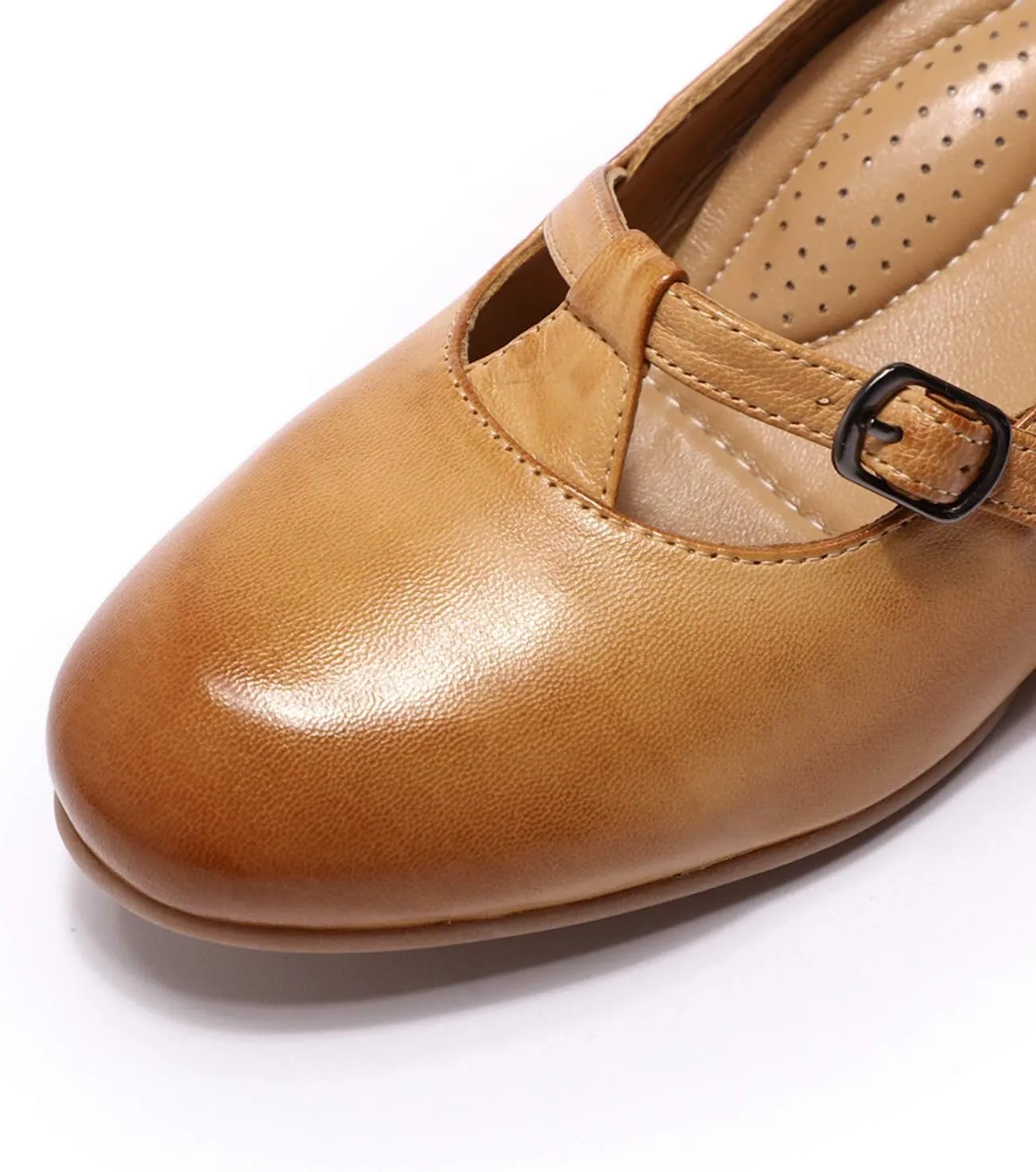 Mona flying Women's Leather Closed Toe Mary Jane Wedge Pumps Round Toe Mid Heel Dress Shoes for Women Ladies