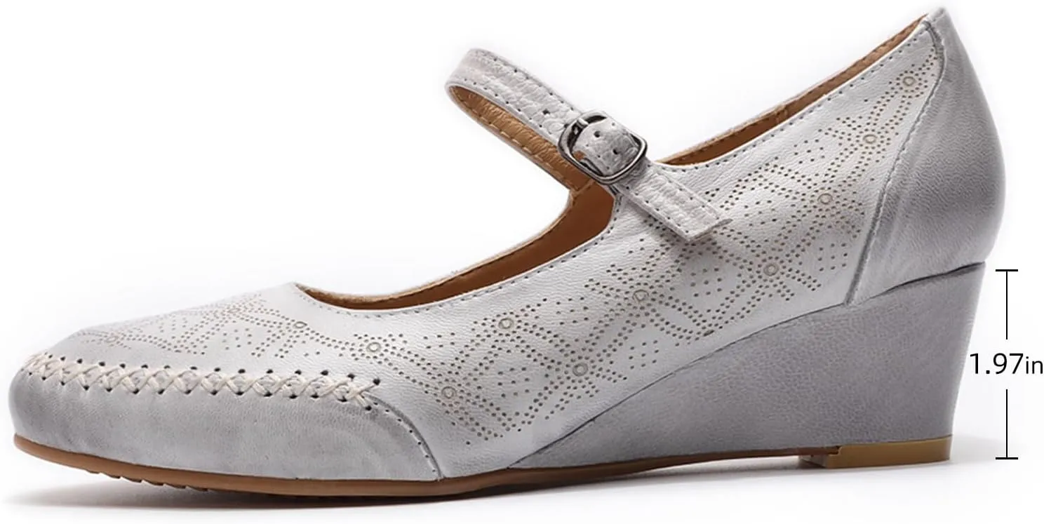 Mona flying Women's Leather Closed Toe Mary Jane Wedge Pumps Round Toe Mid Heel Dress Shoes for Women Ladies