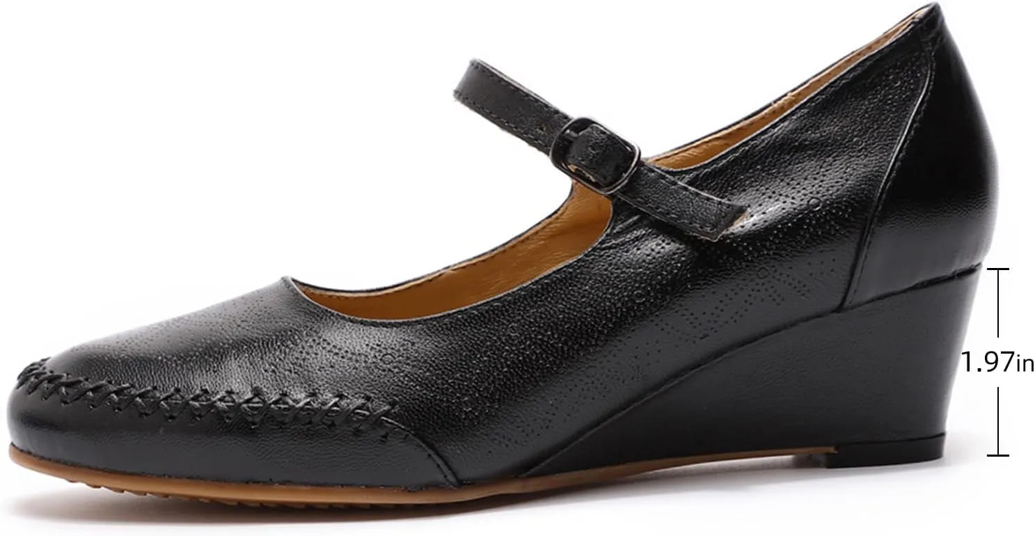 Mona flying Women's Leather Closed Toe Mary Jane Wedge Pumps Round Toe Mid Heel Dress Shoes for Women Ladies