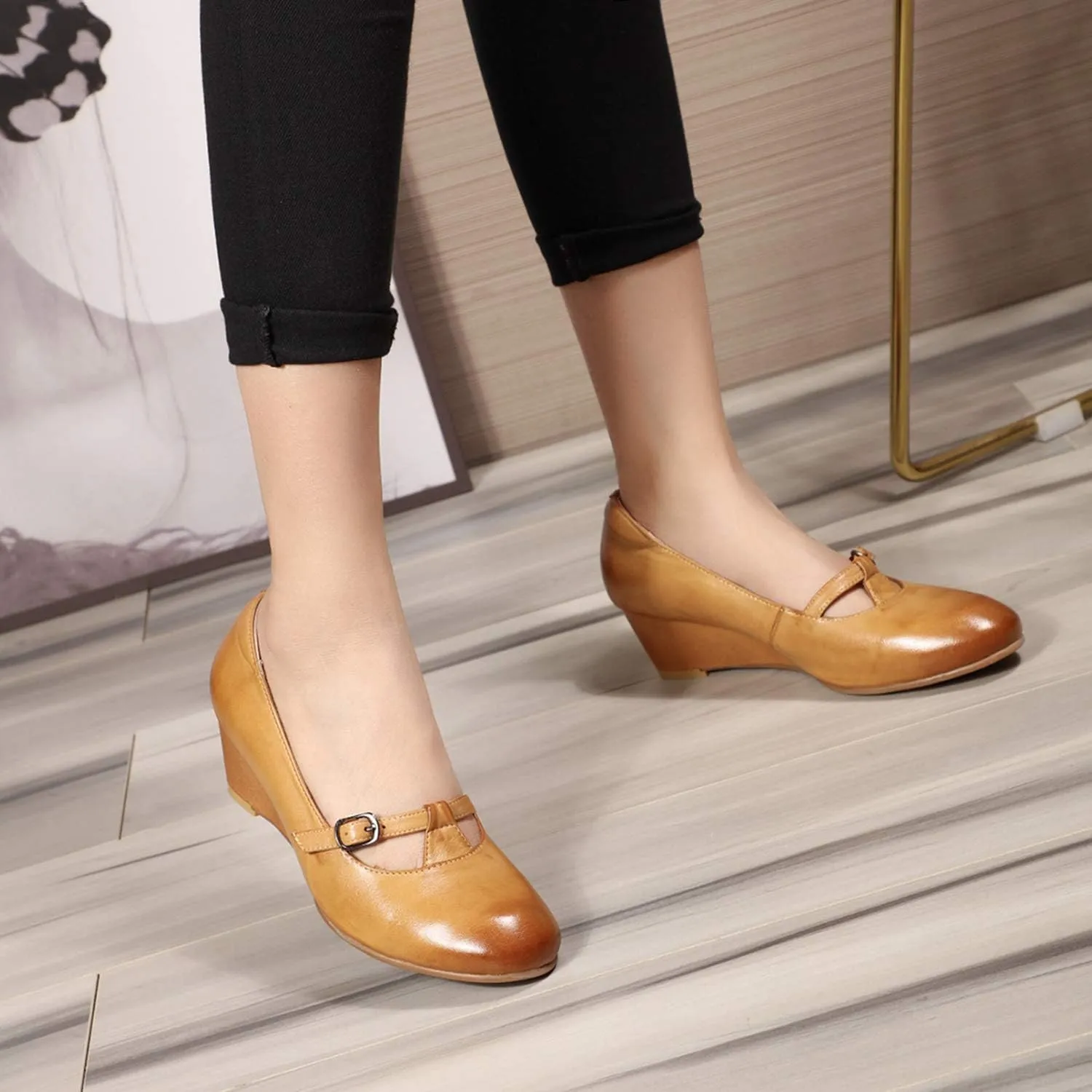 Mona flying Women's Leather Closed Toe Mary Jane Wedge Pumps Round Toe Mid Heel Dress Shoes for Women Ladies