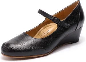 Mona flying Women's Leather Closed Toe Mary Jane Wedge Pumps Round Toe Mid Heel Dress Shoes for Women Ladies