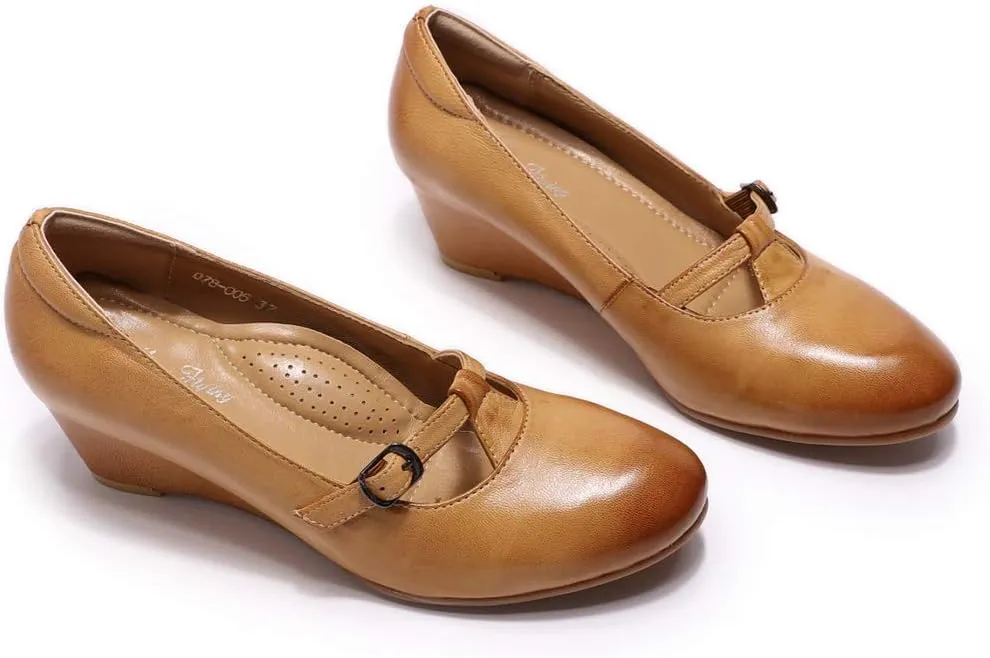 Mona flying Women's Leather Closed Toe Mary Jane Wedge Pumps Round Toe Mid Heel Dress Shoes for Women Ladies