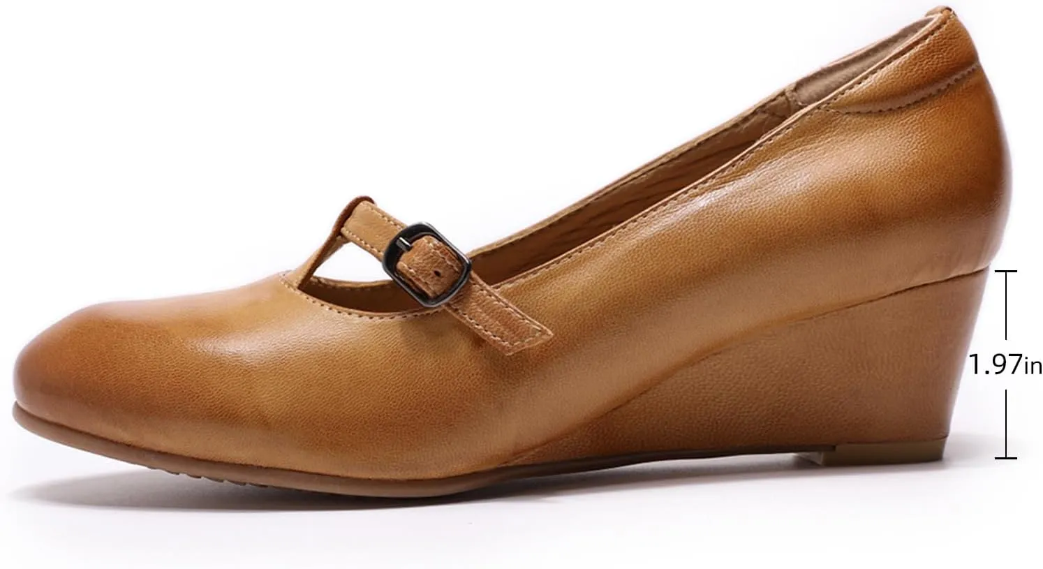 Mona flying Women's Leather Closed Toe Mary Jane Wedge Pumps Round Toe Mid Heel Dress Shoes for Women Ladies