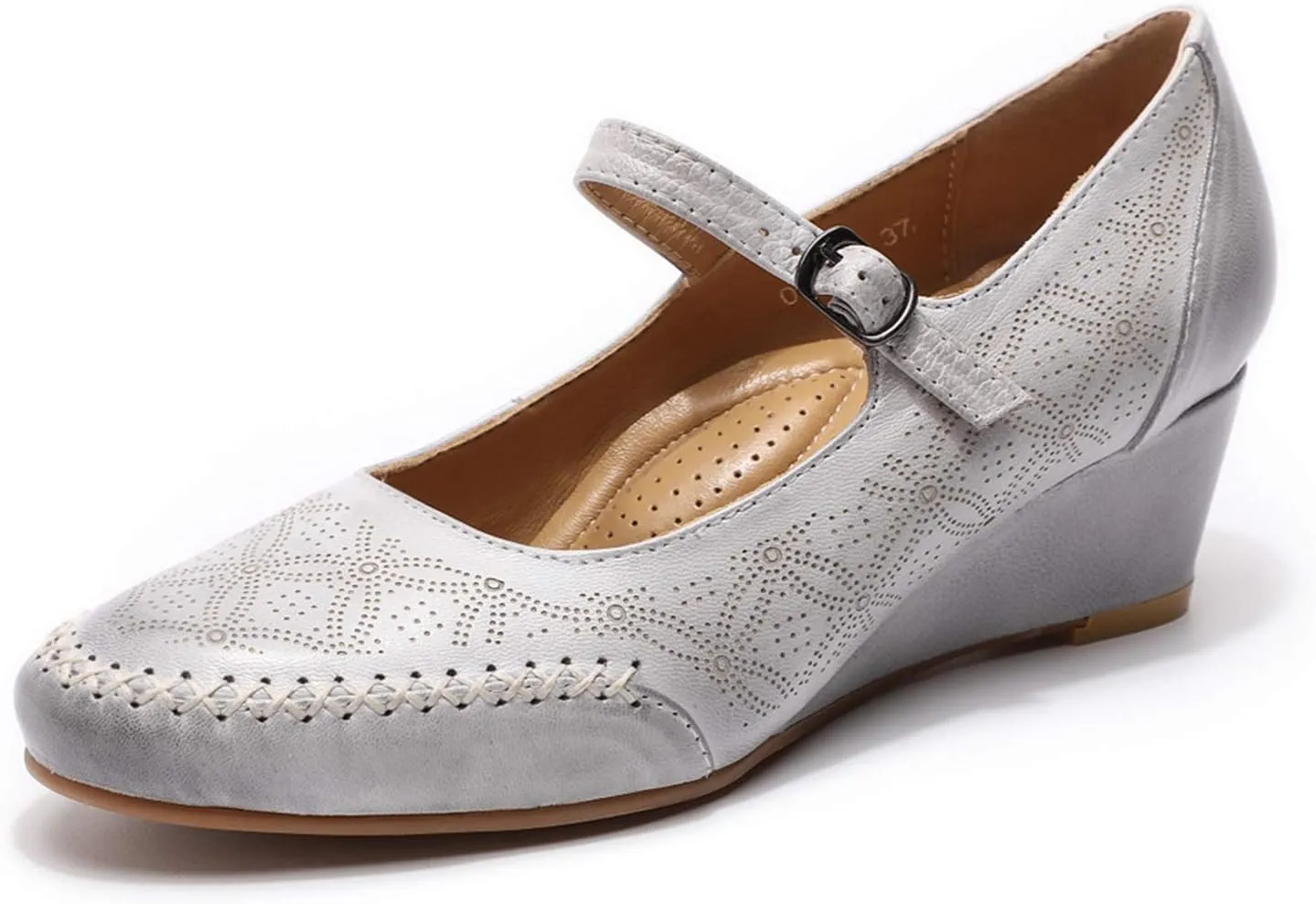 Mona flying Women's Leather Closed Toe Mary Jane Wedge Pumps Round Toe Mid Heel Dress Shoes for Women Ladies