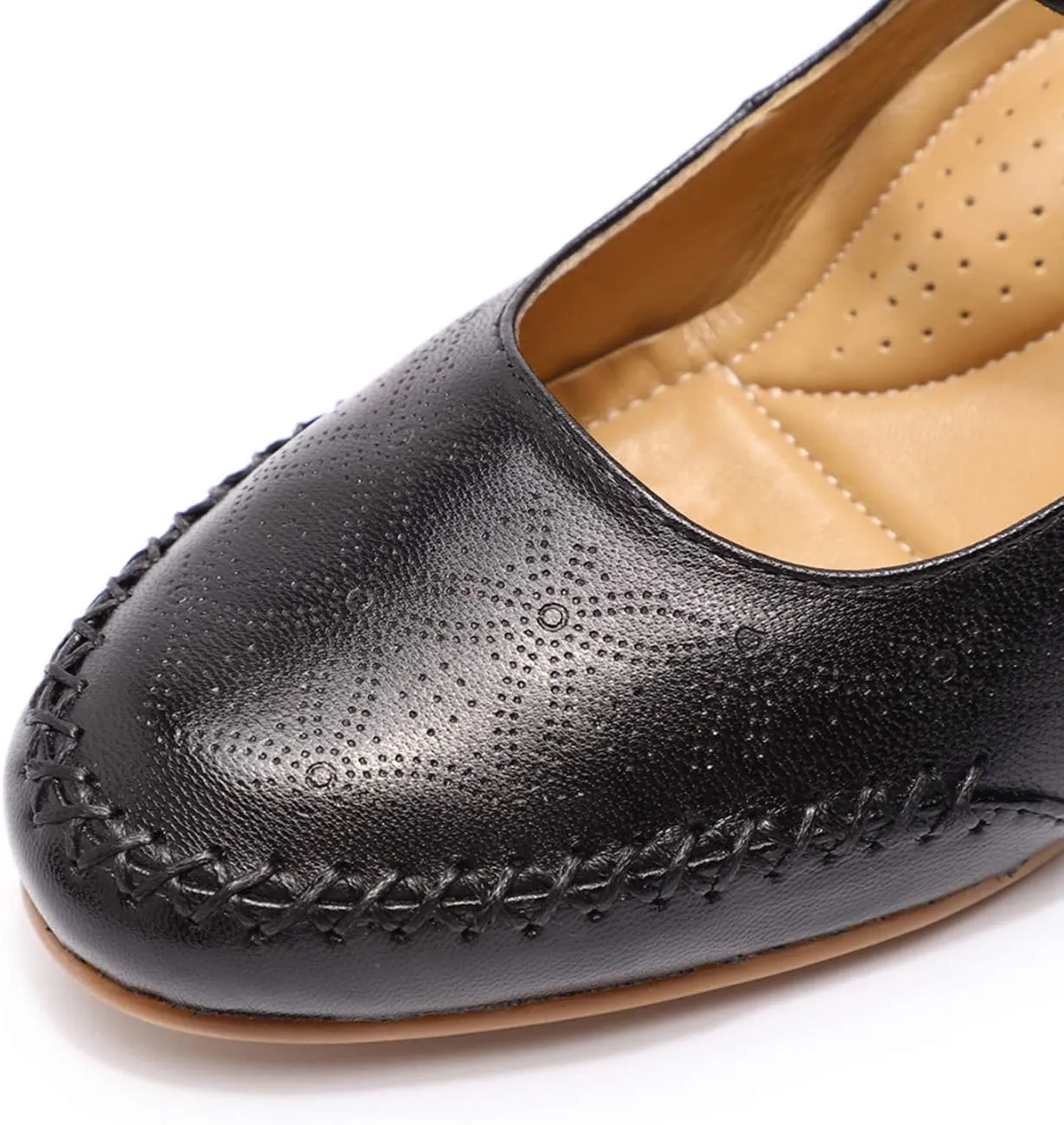 Mona flying Women's Leather Closed Toe Mary Jane Wedge Pumps Round Toe Mid Heel Dress Shoes for Women Ladies
