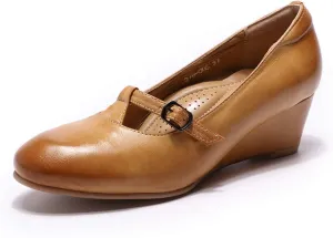 Mona flying Women's Leather Closed Toe Mary Jane Wedge Pumps Round Toe Mid Heel Dress Shoes for Women Ladies