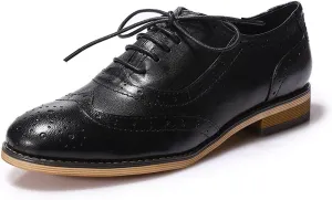 Mona flying Womens Leather Flat Oxfords Shoes for Women Perforated Lace-up Wingtip Vintage Brogues Shoes