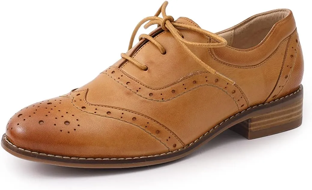 Mona flying Women's Leather Oxfords Brogue Wingtips Lace up Flat Office Work Shoes for Ladies