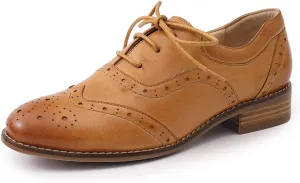 Mona flying Women's Leather Oxfords Brogue Wingtips Lace up Flat Office Work Shoes for Ladies
