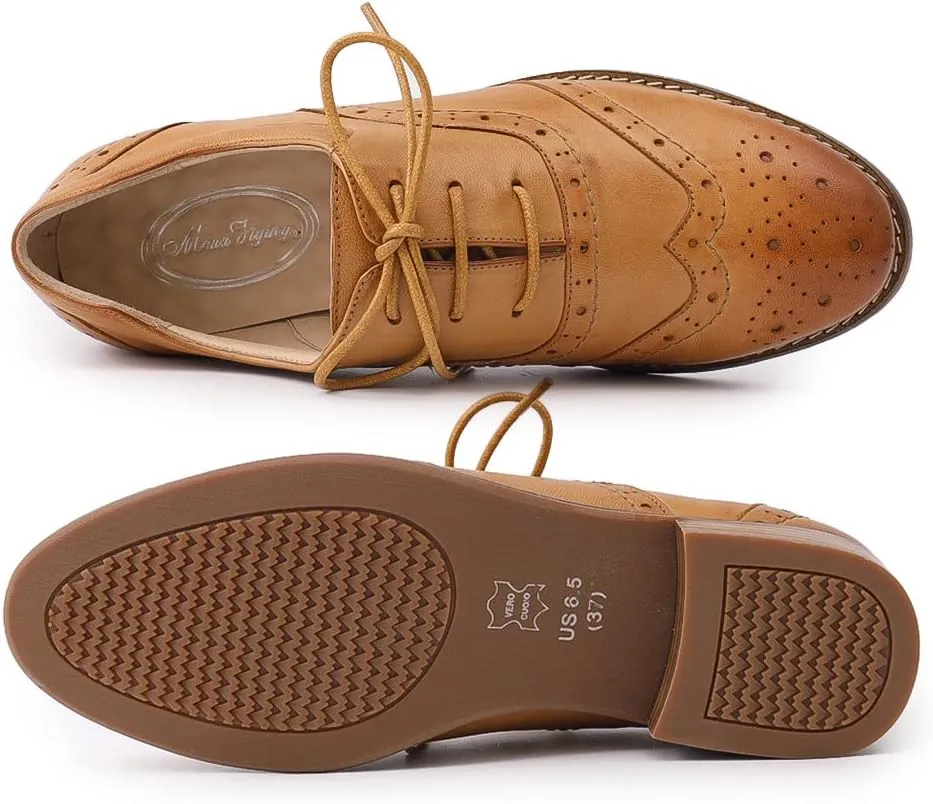Mona flying Women's Leather Oxfords Brogue Wingtips Lace up Flat Office Work Shoes for Ladies
