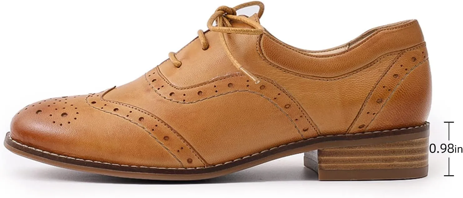 Mona flying Women's Leather Oxfords Brogue Wingtips Lace up Flat Office Work Shoes for Ladies