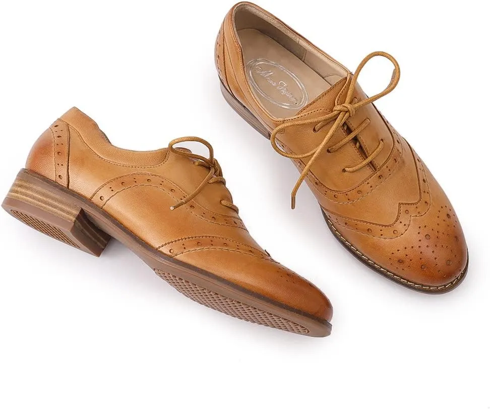 Mona flying Women's Leather Oxfords Brogue Wingtips Lace up Flat Office Work Shoes for Ladies
