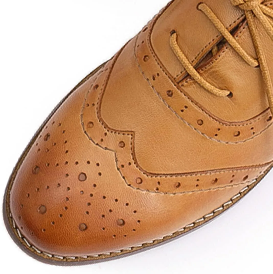 Mona flying Women's Leather Oxfords Brogue Wingtips Lace up Flat Office Work Shoes for Ladies