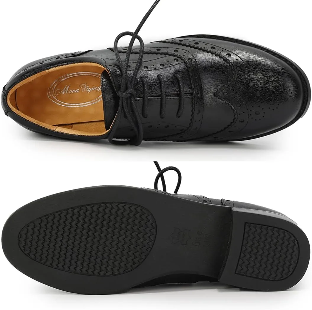Mona flying Womens Wingtip Oxfords Brogue Comfortable Handmade Lace up Leather Shoes for Ladies