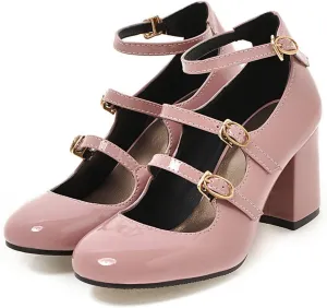 MOOMMO High Chunky Heel Mary Janes for Women Round Closed Toe Patent Leather Mary Jane Pumps Triple Ankle Strap Sexy 3” Block Heels Dress Shoes Sandals Sexy Party Wedding Cute 4-10 M US