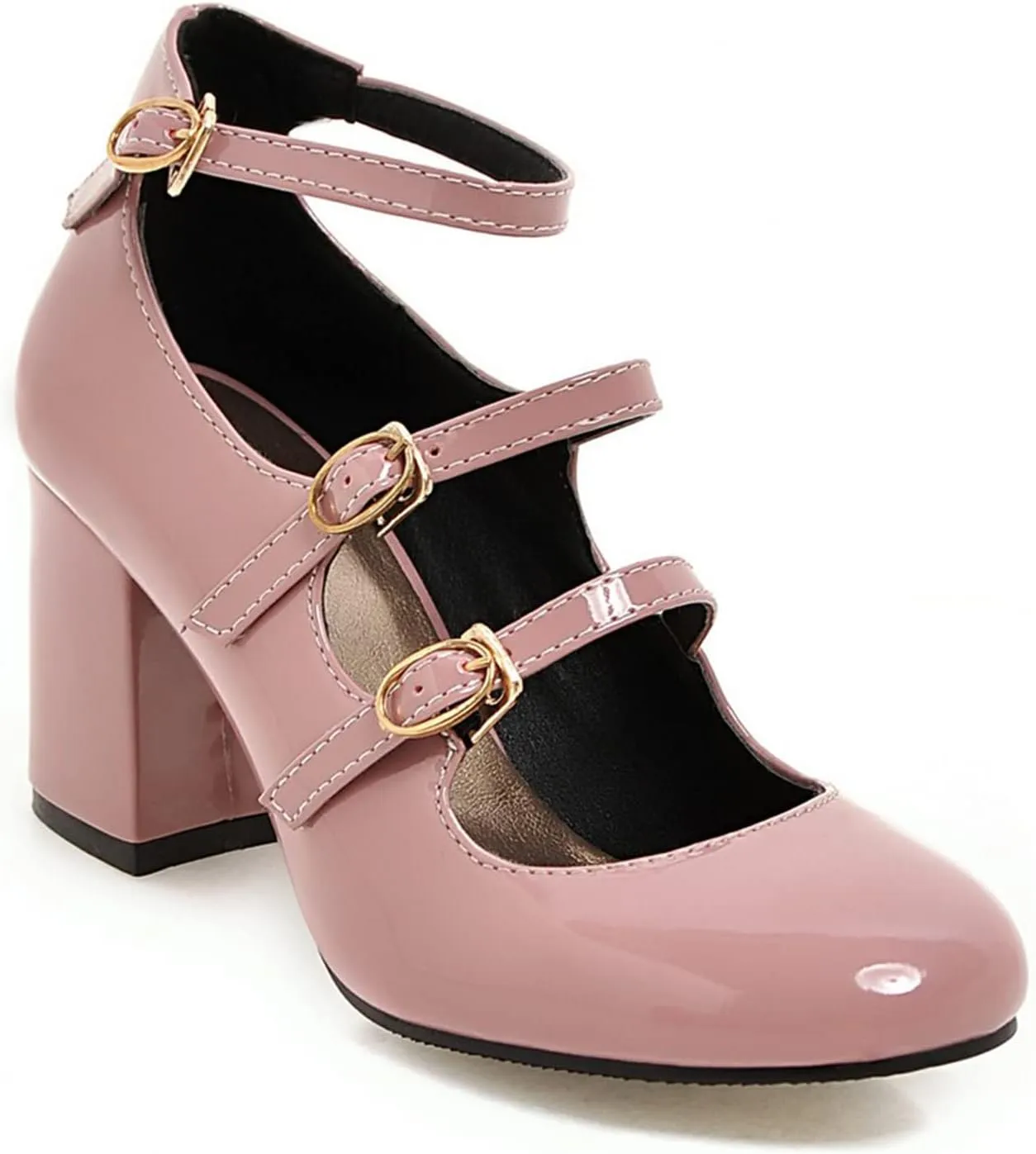 MOOMMO High Chunky Heel Mary Janes for Women Round Closed Toe Patent Leather Mary Jane Pumps Triple Ankle Strap Sexy 3” Block Heels Dress Shoes Sandals Sexy Party Wedding Cute 4-10 M US