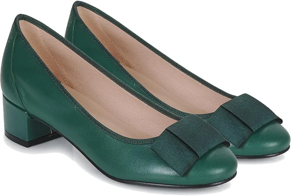 MOOMMO Women Low Chunky Heel Pumps Shoes Bows Round Closed Toe Slip On Block Heels Dress Sandals Cap Toe Bow Flats Shoes Two-Toned Ladies Girls Wedding Office School Elegant Comfort Spring 4-11 M US