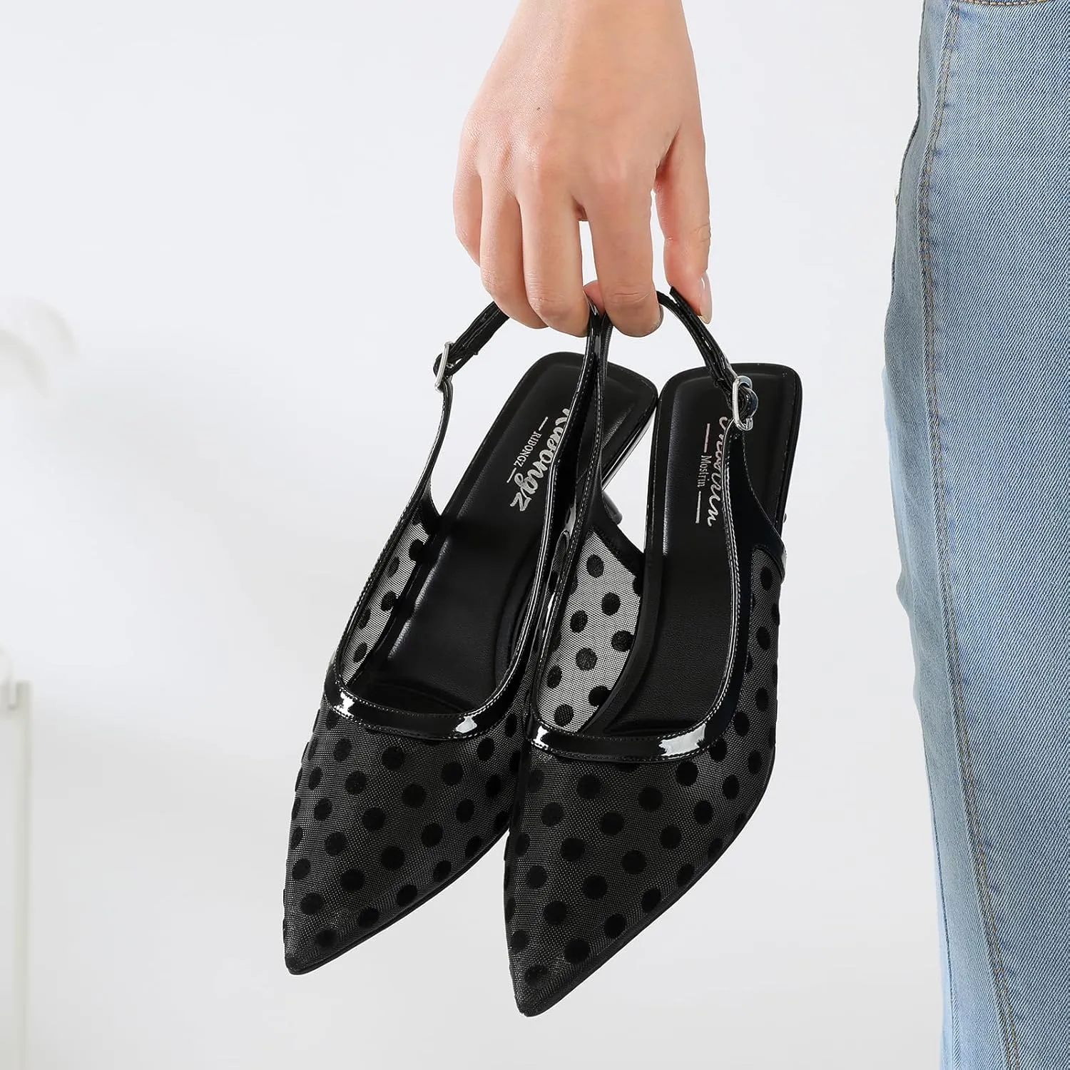 Mostrin Kitten Heels for Women Pointed Toe Pumps Patent Leather Low Heel Slingback Heels with Buckle Dress Shoes for Dating Party Working