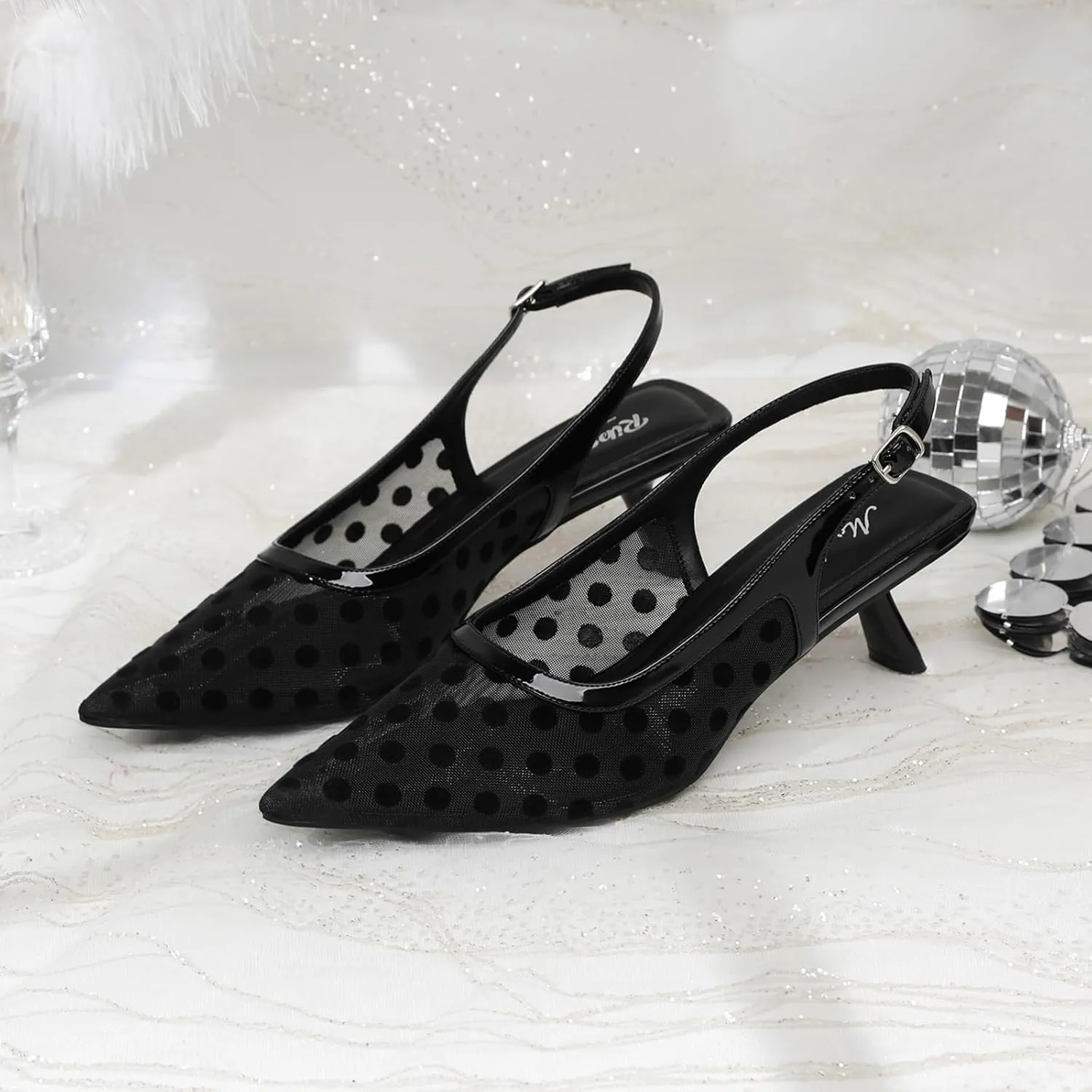 Mostrin Kitten Heels for Women Pointed Toe Pumps Patent Leather Low Heel Slingback Heels with Buckle Dress Shoes for Dating Party Working