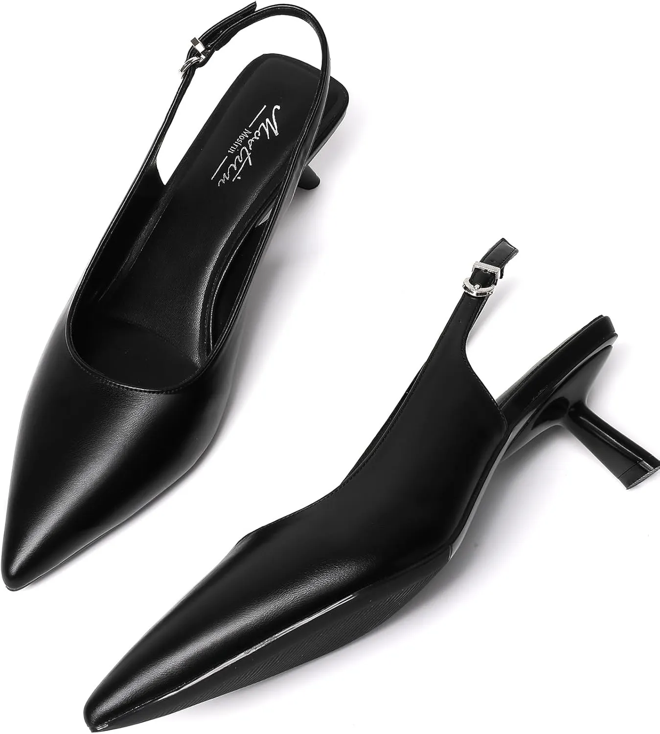 Mostrin Kitten Heels for Women Pointed Toe Pumps Patent Leather Low Heel Slingback Heels with Buckle Dress Shoes for Dating Party Working
