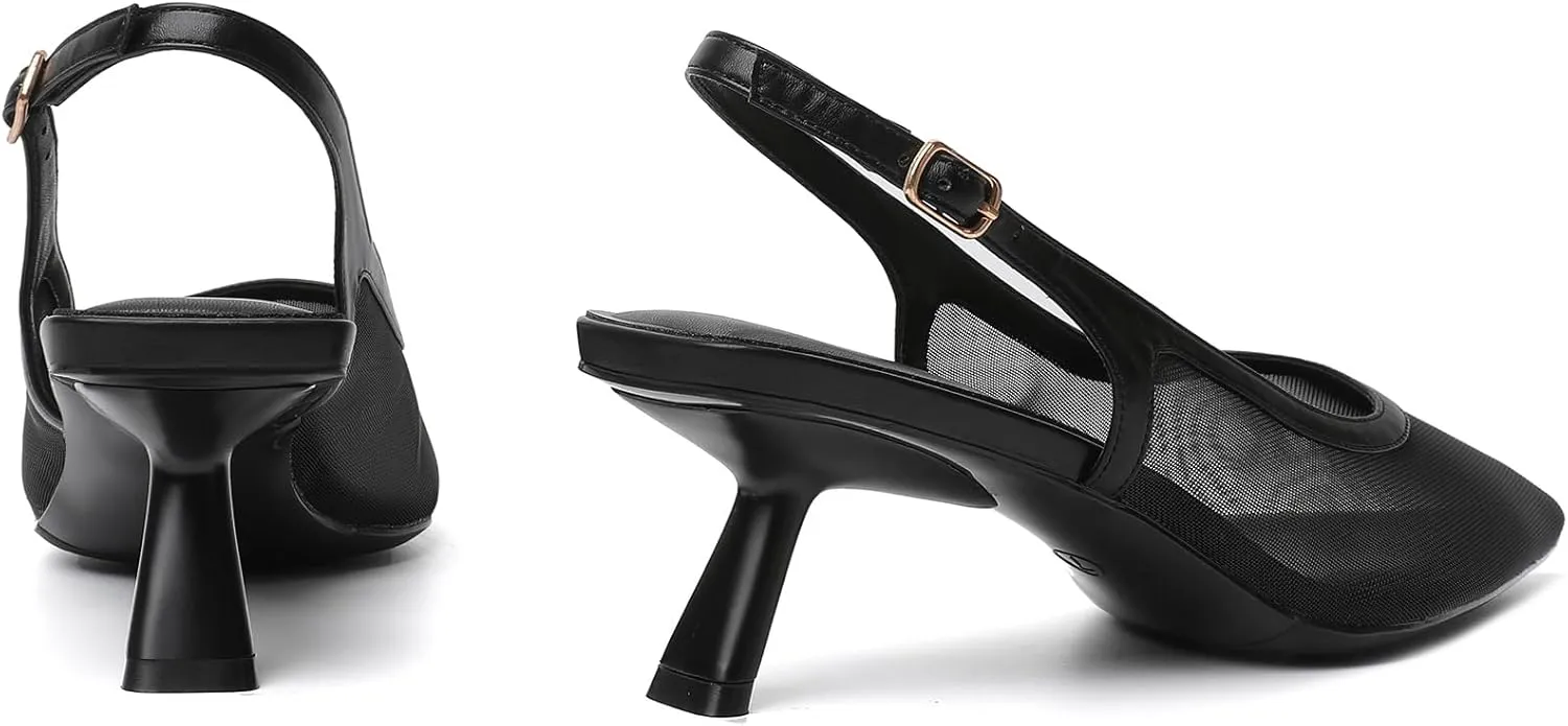 Mostrin Kitten Heels for Women Pointed Toe Pumps Patent Leather Low Heel Slingback Heels with Buckle Dress Shoes for Dating Party Working