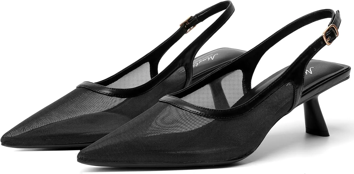 Mostrin Kitten Heels for Women Pointed Toe Pumps Patent Leather Low Heel Slingback Heels with Buckle Dress Shoes for Dating Party Working