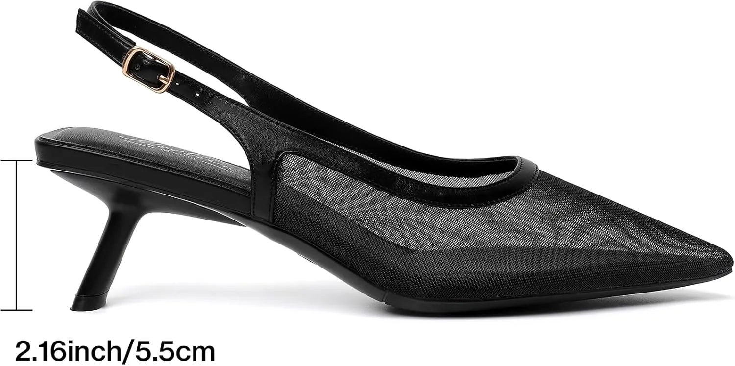 Mostrin Kitten Heels for Women Pointed Toe Pumps Patent Leather Low Heel Slingback Heels with Buckle Dress Shoes for Dating Party Working
