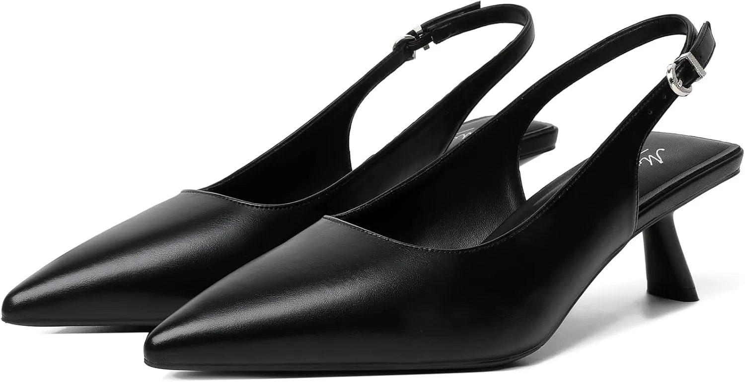 Mostrin Kitten Heels for Women Pointed Toe Pumps Patent Leather Low Heel Slingback Heels with Buckle Dress Shoes for Dating Party Working