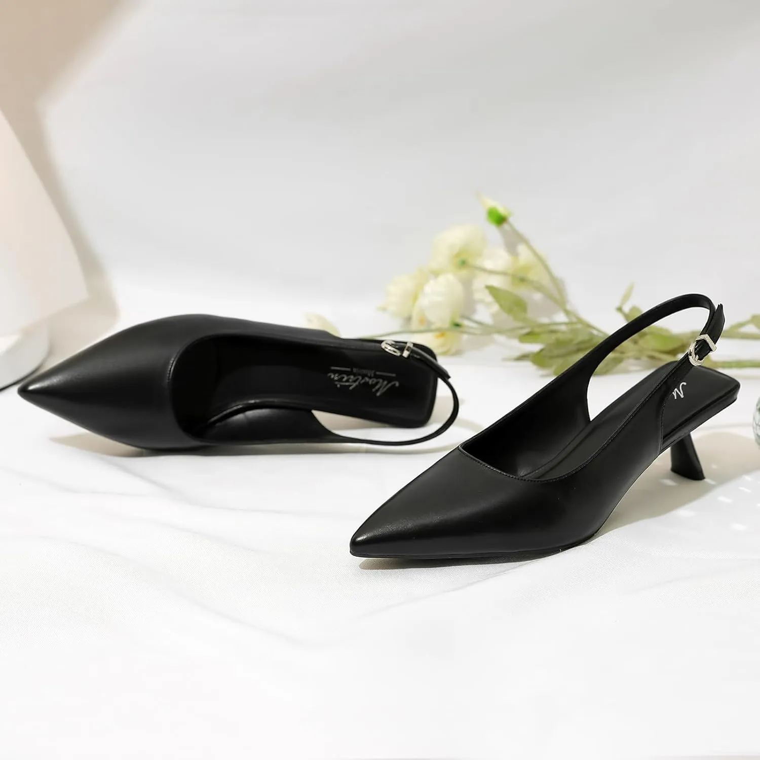 Mostrin Kitten Heels for Women Pointed Toe Pumps Patent Leather Low Heel Slingback Heels with Buckle Dress Shoes for Dating Party Working