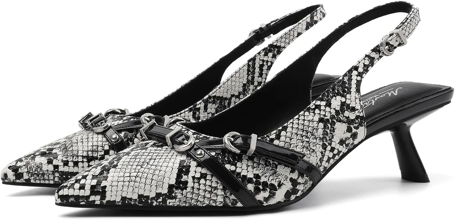 Mostrin Kitten Heels for Women Pointed Toe Pumps Patent Leather Low Heel Slingback Heels with Buckle Dress Shoes for Dating Party Working