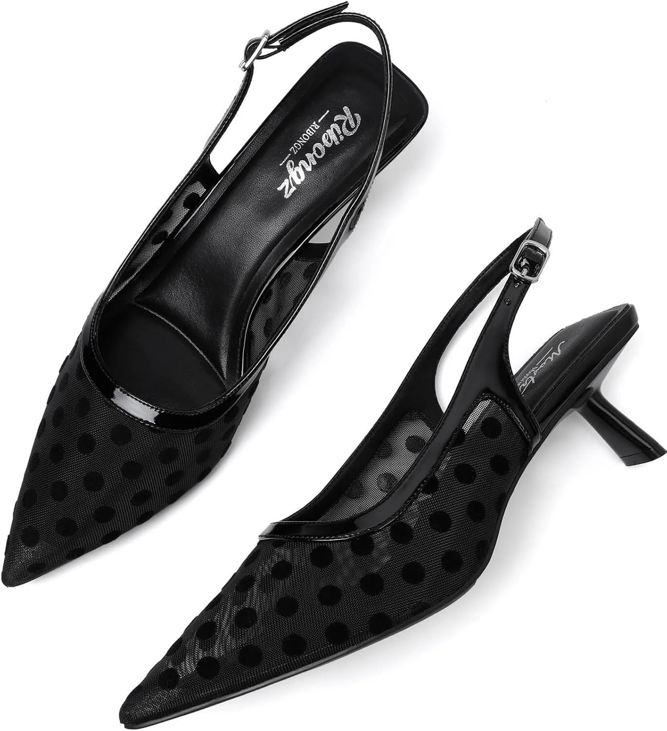 Mostrin Kitten Heels for Women Pointed Toe Pumps Patent Leather Low Heel Slingback Heels with Buckle Dress Shoes for Dating Party Working