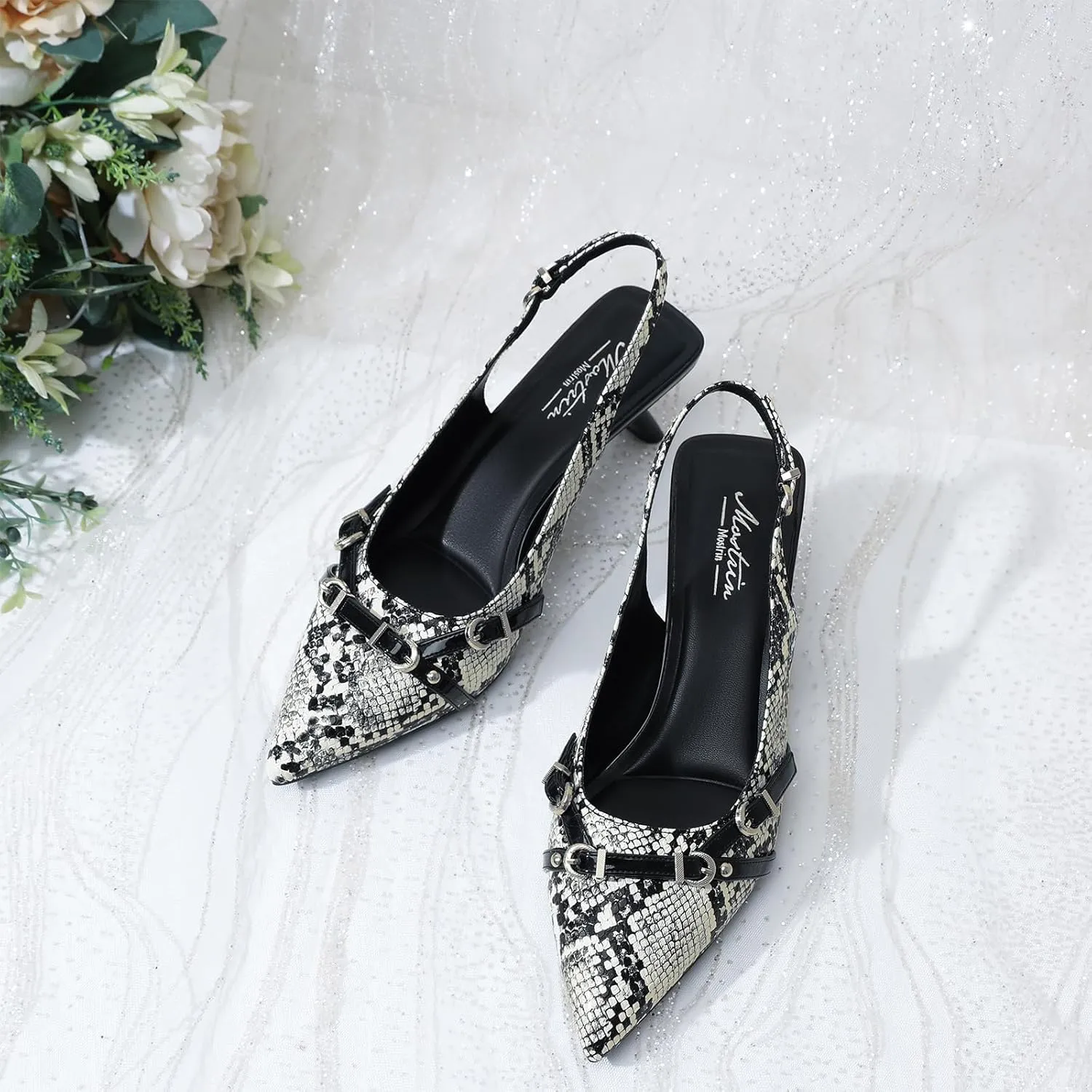Mostrin Kitten Heels for Women Pointed Toe Pumps Patent Leather Low Heel Slingback Heels with Buckle Dress Shoes for Dating Party Working