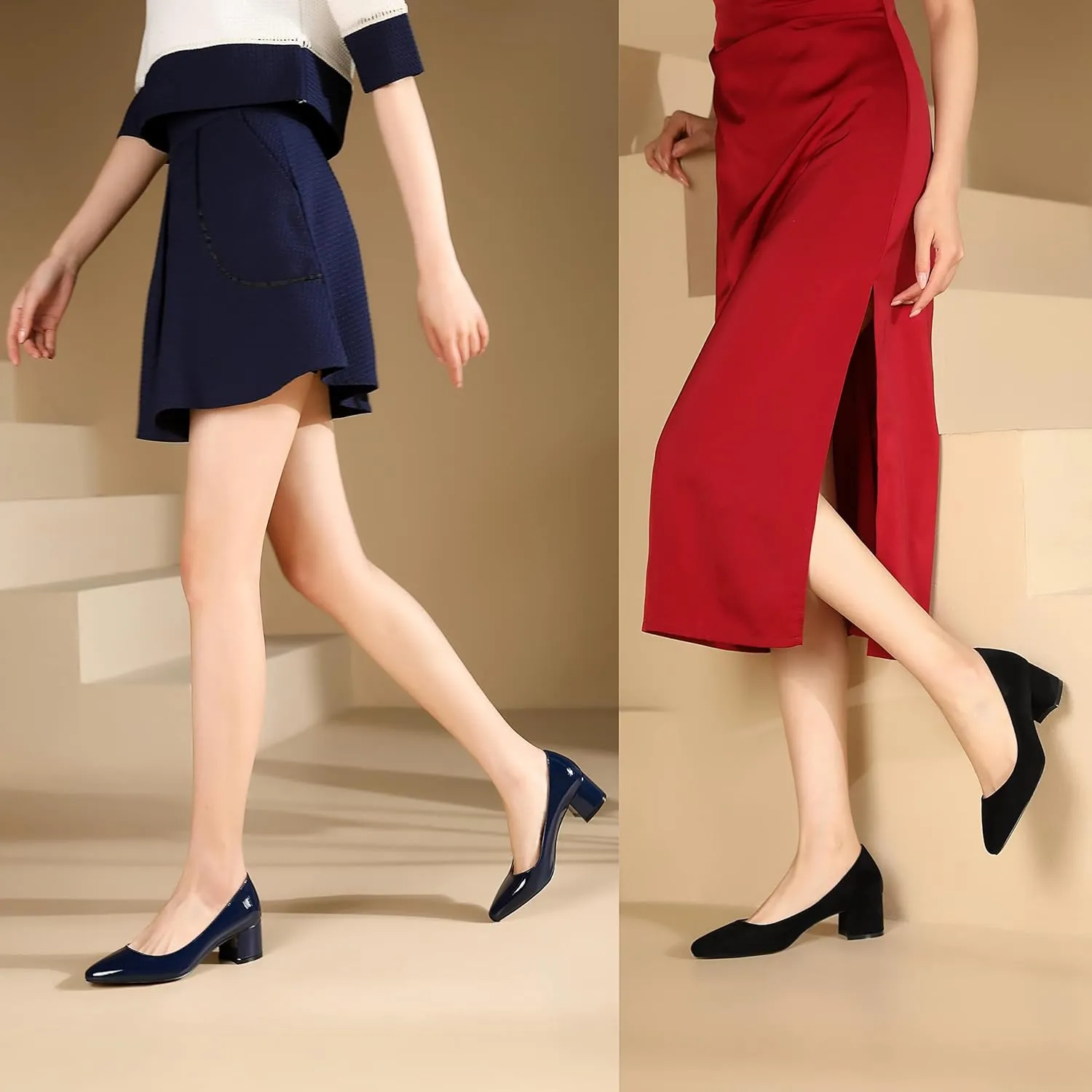 MOVINSTEPS Womens Round Toe Party Dress Slip On Chunky Low Heel Pumps Shoes 2 Inch