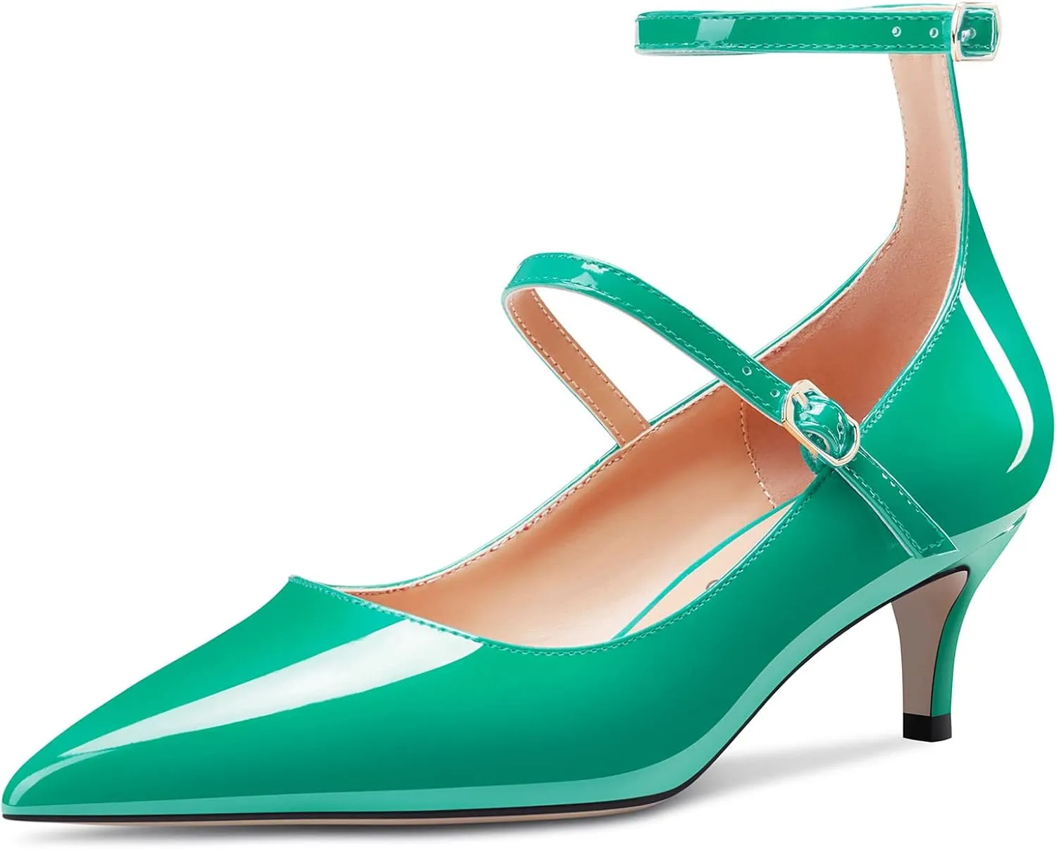 NobleOnly Women Mid Heel Ankle Strap Pointed Toe Pumps Casual Party Office Dress Cute Buckle Shoes 2.0 Inches Heels